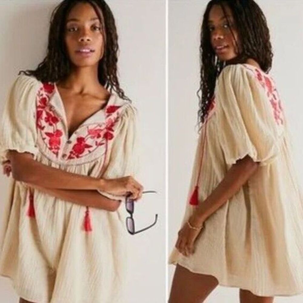 New Free People Rosa Linda Cream Red Fringe Tie Puff Sleeve Mini S